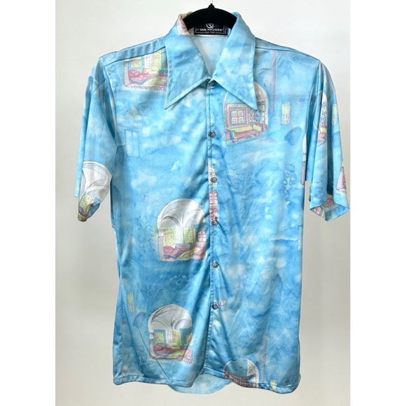 VINTAGE 1970S VAN HEUSEN PRINTED NYLON SHIRT in Sky Blue-Size Mens Small - Picture 1 of 13